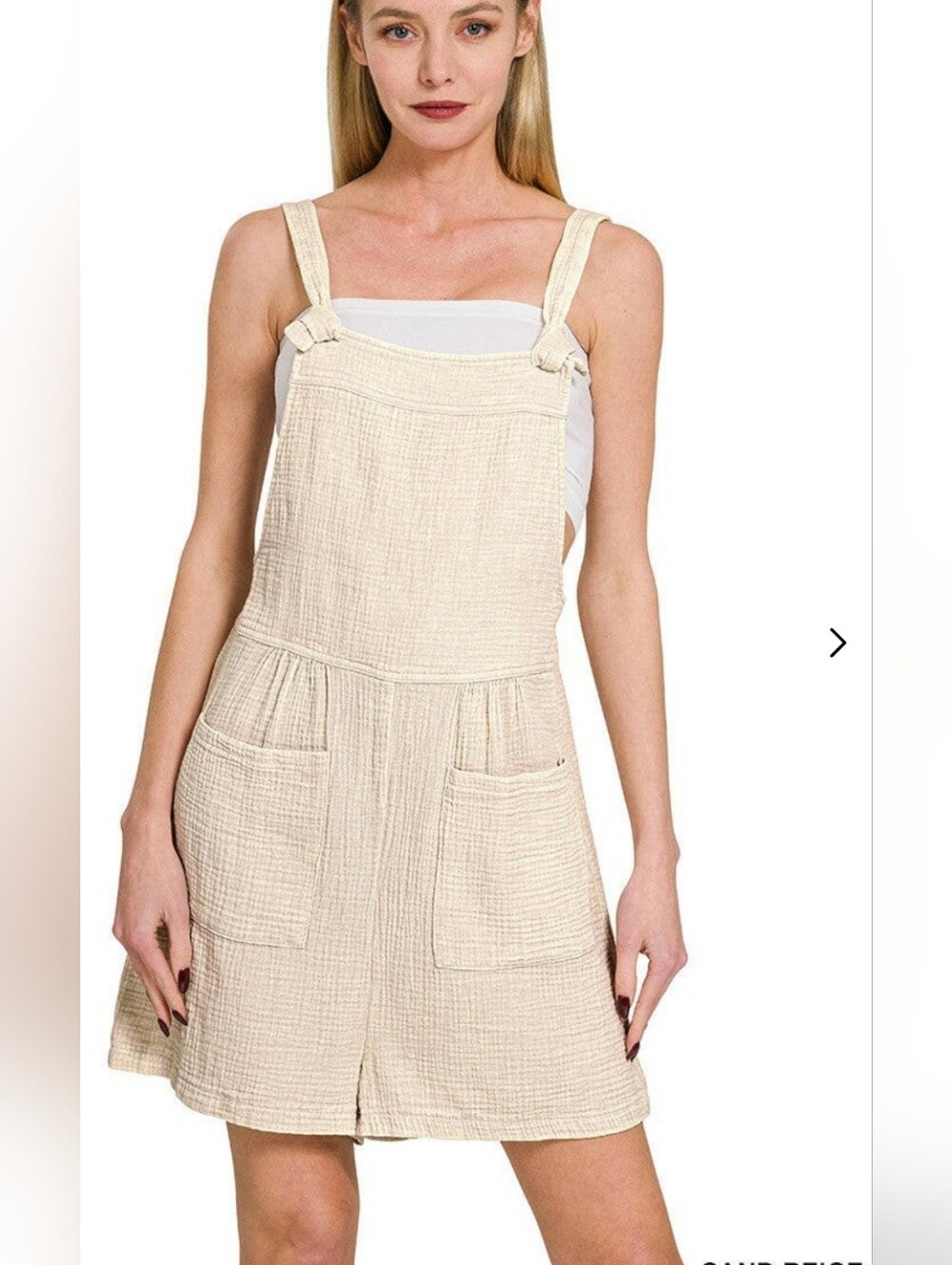 Zenana Women's Cotton Double Gauze Acid Wash Romper Sand Beige Tie Strap Sz SML